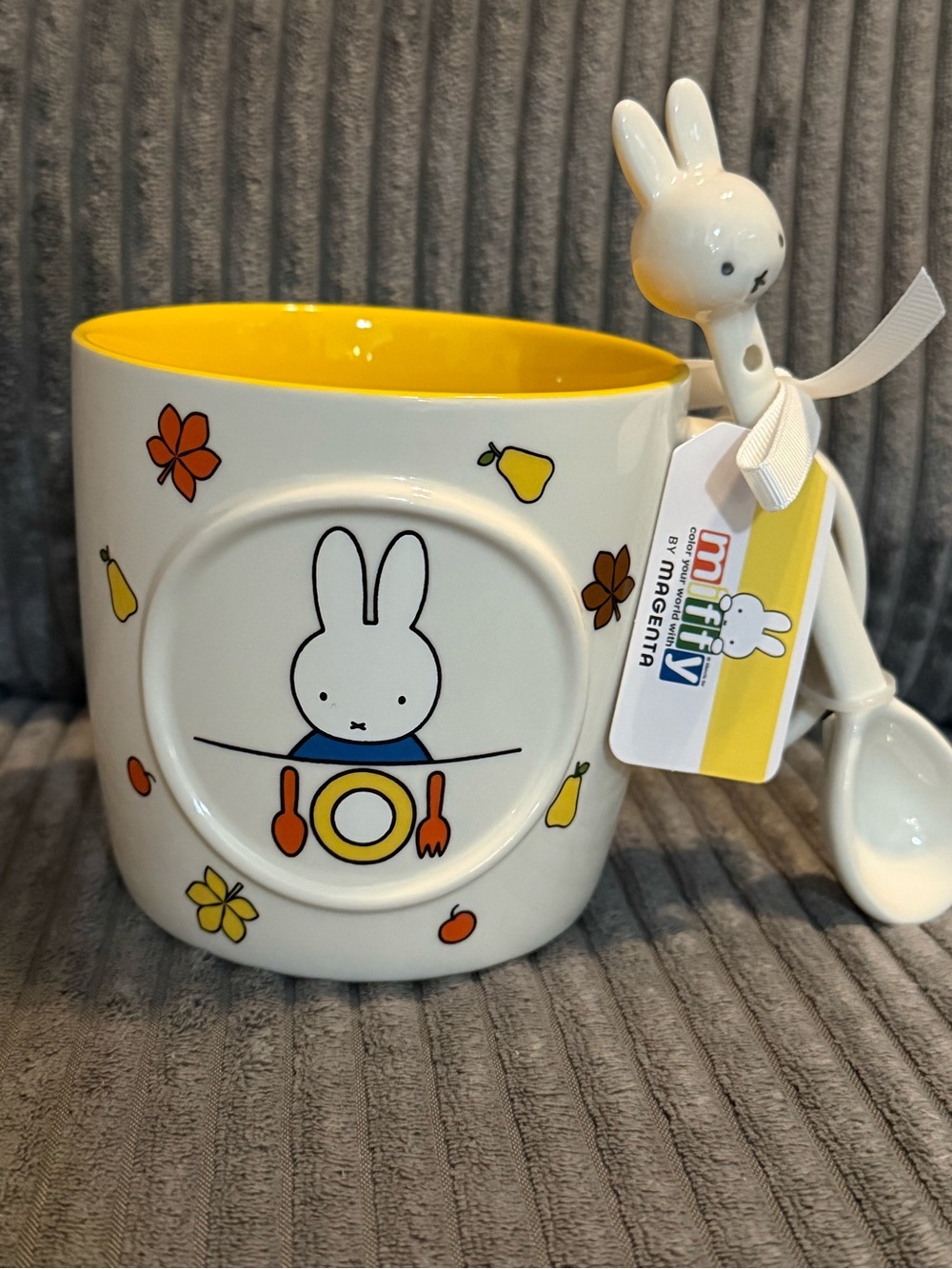 miffy White Ceramic Double-sided Mug w/ Spoon & Yellow Int- NWT